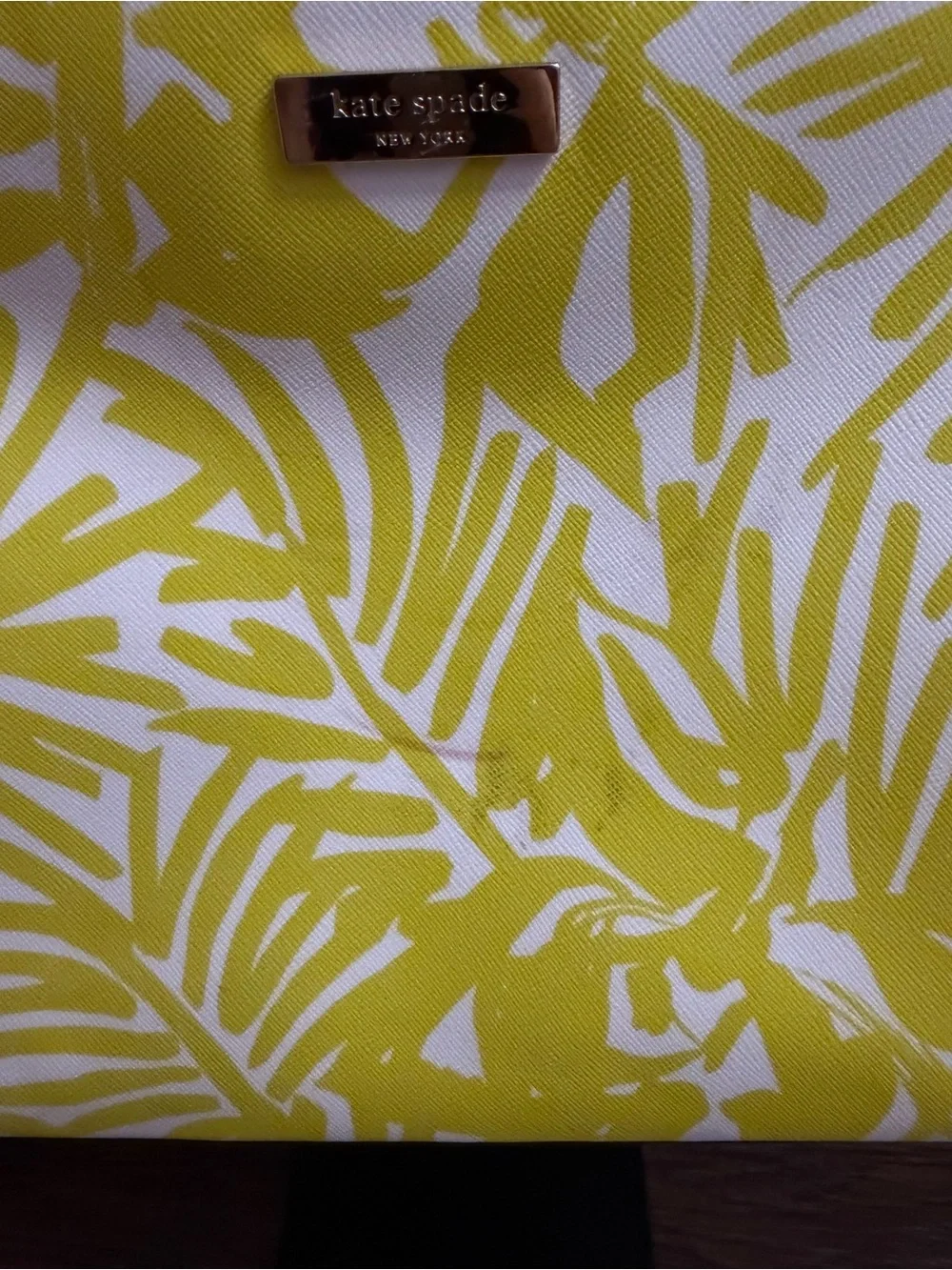 Kate Spade Yellow Palm-Print Tote Bag with Tan Handles